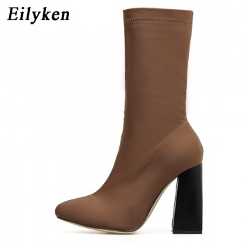 Eilyken Fashion Brown Elastic ZIP Ankle Boots Chunky High Heels Stretch Women Autumn Sexy Booties Pointed Toe Women Pumps Boots